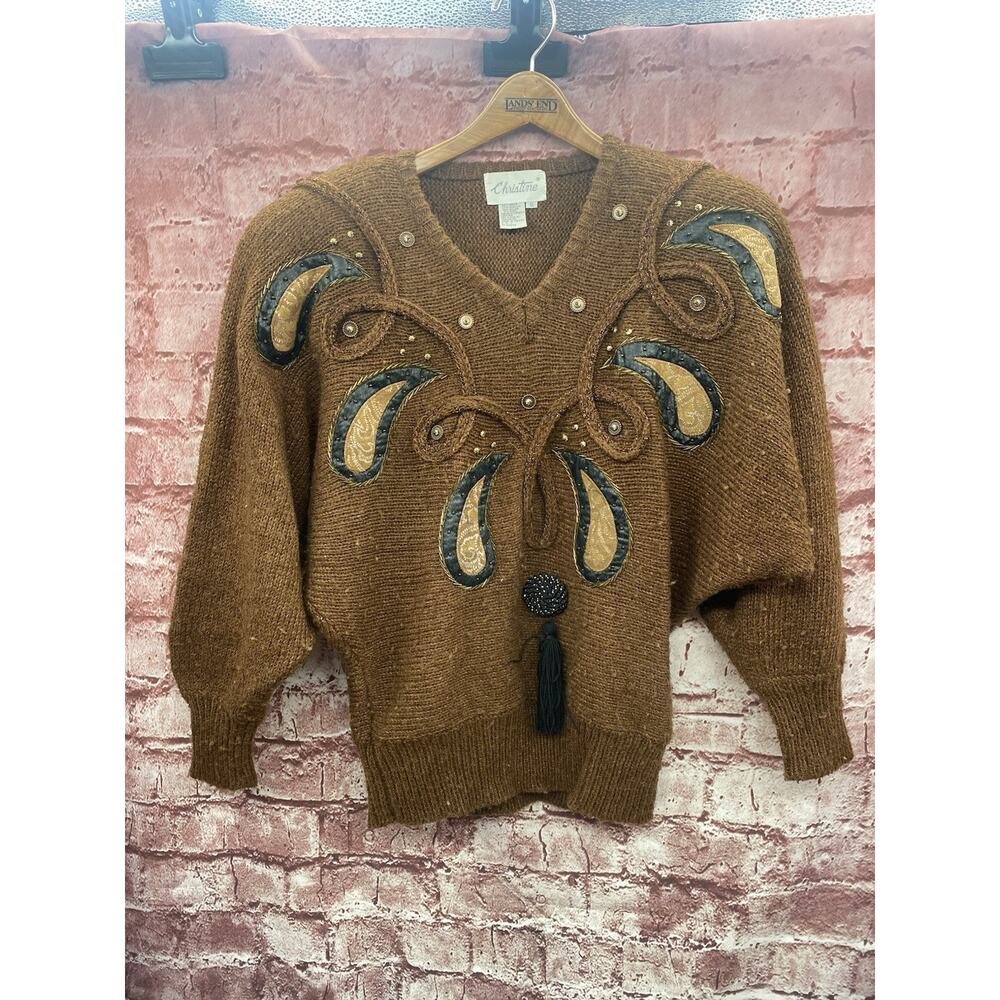 Vintage CHRISTINE Sweater Brown Knit Sz Small Synthetic Leather